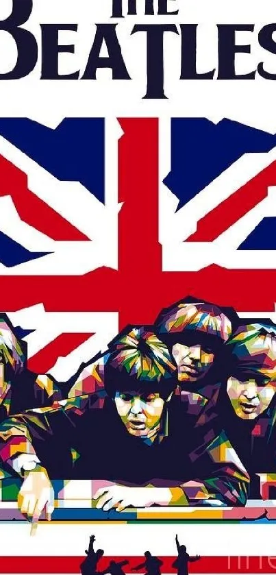 Colorful artistic portrait of The Beatles with a British flag backdrop.