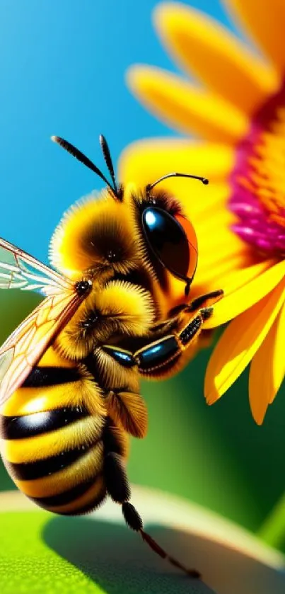 Bee on a vibrant sunflower art wallpaper.