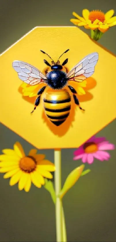 Bee on a yellow hexagon with vibrant daisies design.