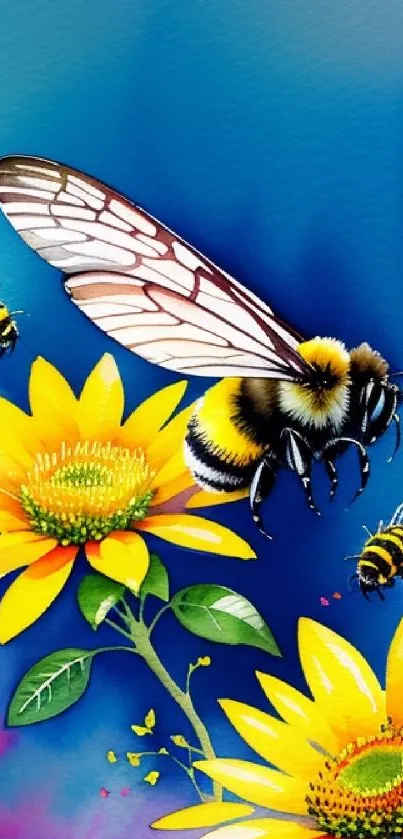 Colorful bee on yellow sunflowers with blue background artwork.