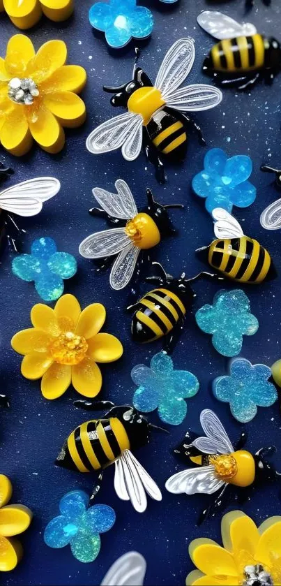 Colorful bees and flowers on dark blue
