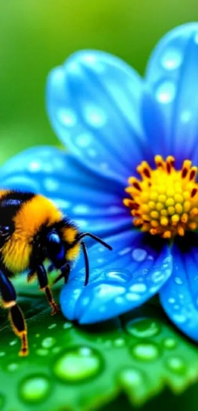 Bee on a blue flower with dew drops, vibrant mobile wallpaper.