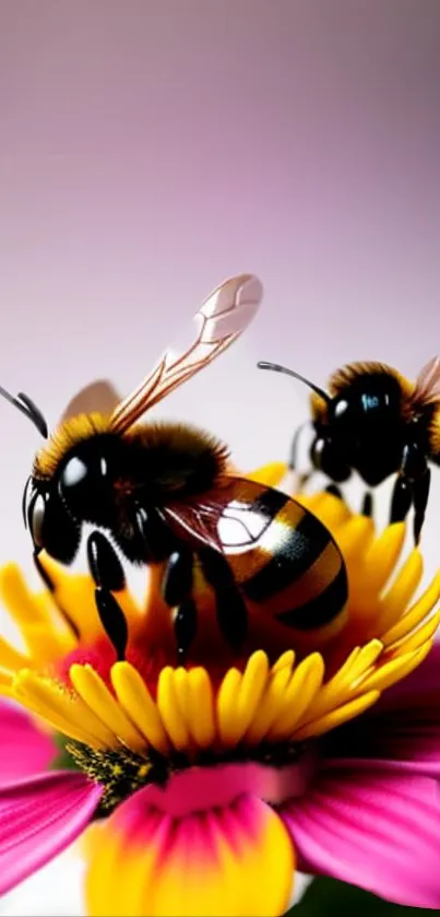 Close-up of bees on colorful flowers, vibrant nature wallpaper.