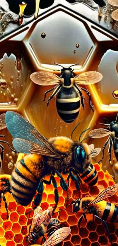 Vibrant bee artwork on honeycomb background.