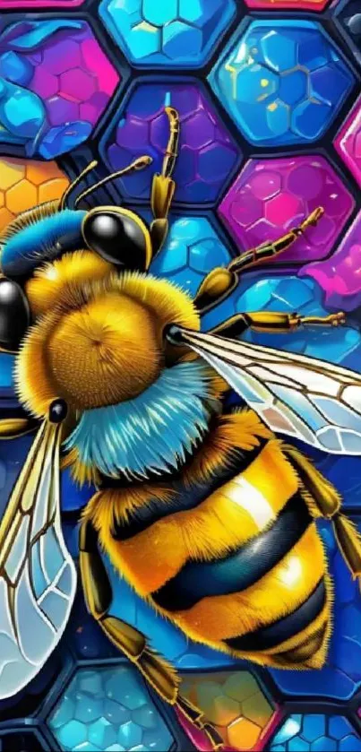 Colorful bee and honeycomb wallpaper art.