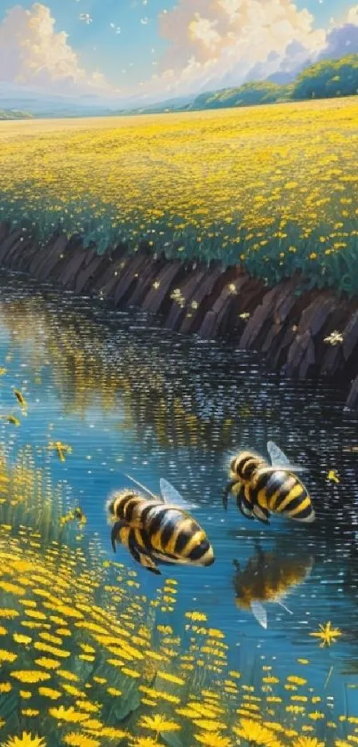 Vibrant wallpaper featuring bees over a sunny meadow landscape.