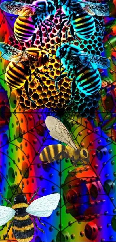 Colorful bee-themed mobile wallpaper with vibrant patterns.