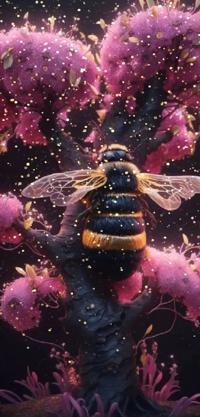 Fantasy bee resting on pink tree with vibrant colors.