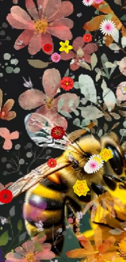 Wallpaper with a bee on yellow flowers and a floral design backdrop.