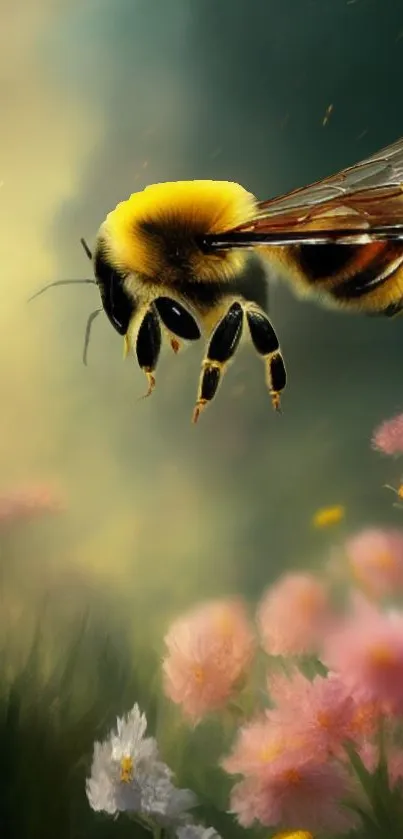 Vibrant bee flying among colorful flowers in a serene natural setting.