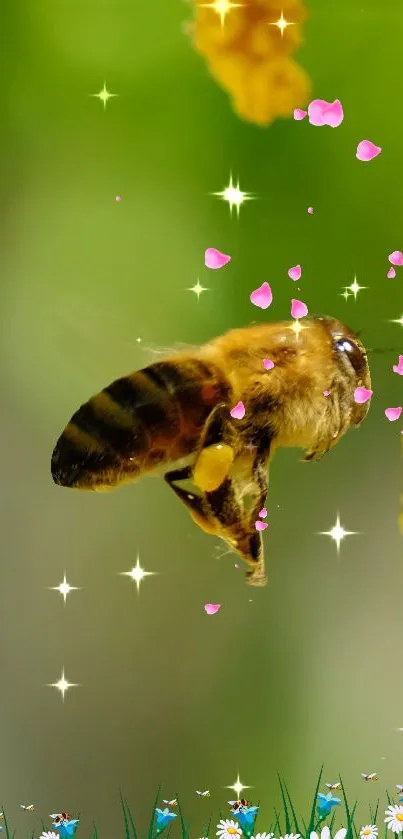 Bee flying near flowers with sparkling lights in nature scene.