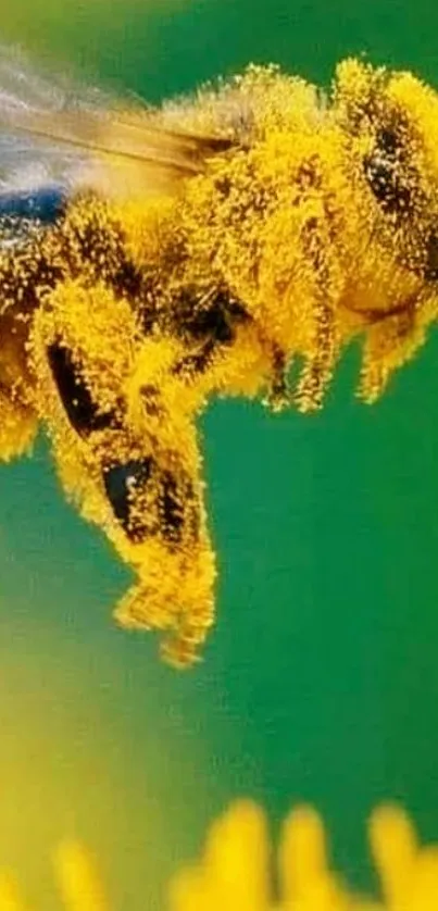 Close-up of a bee covered in pollen with a green and yellow background.