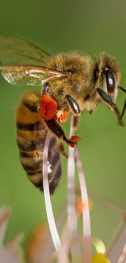 Close-up of a bee on a flower against a green background.