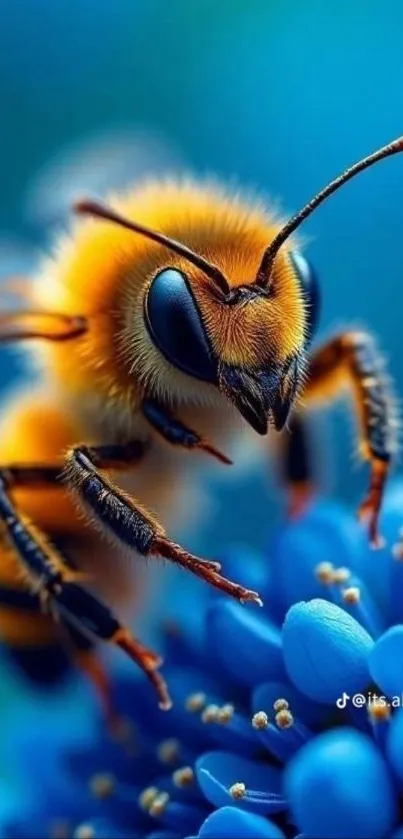 A vibrant bee perched on a vivid blue flower.
