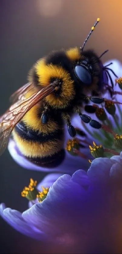 Vibrant bee on a purple flower with bokeh effect.