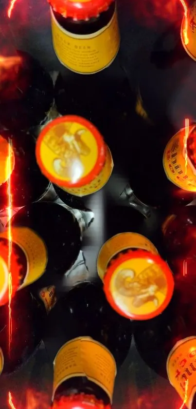 Vibrant top-down view of beer bottles with fiery accents.