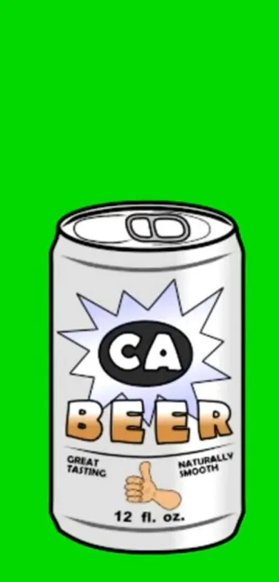 Cartoon beer can on a bright green background phone wallpaper.