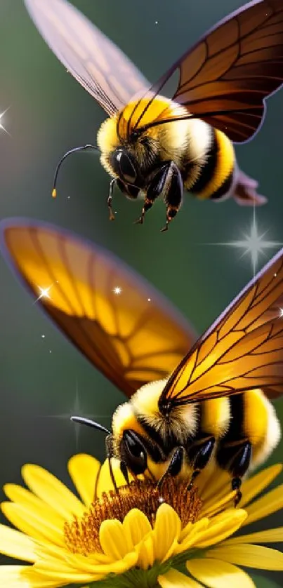 Vibrant bees hover over a golden flower in stunning detail.