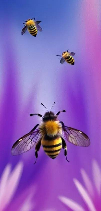 Vivid wallpaper of bees flying over purple flowers.