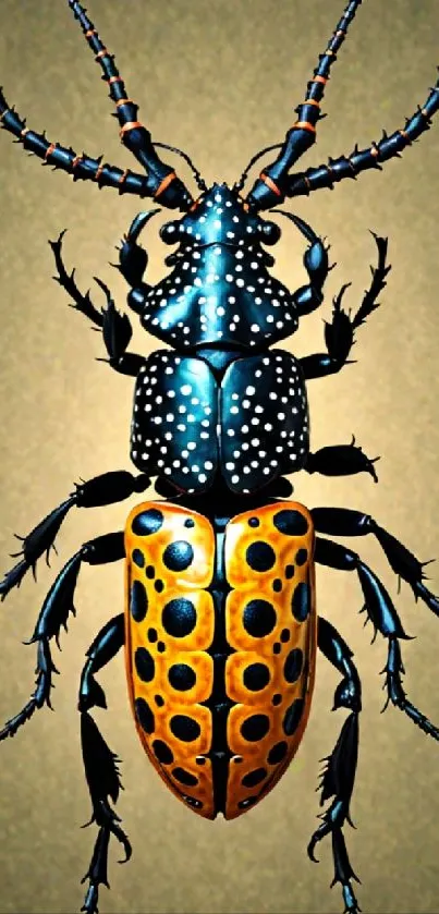 Vibrant beetle artwork with bold colors and intricate patterns.