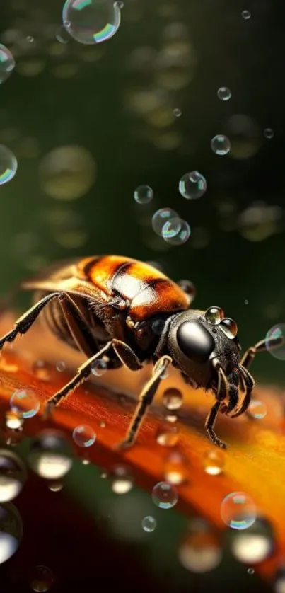 Close-up of a beetle with dew on a vibrant orange leaf.