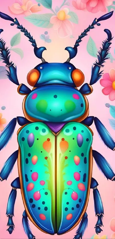 Vibrant beetle on a pink floral background, ideal for mobile wallpaper.