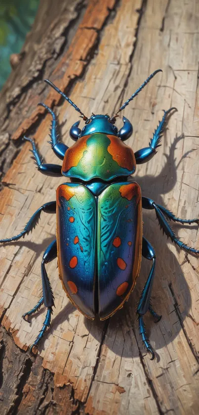 Colorful beetle on wood, vibrant mobile wallpaper.