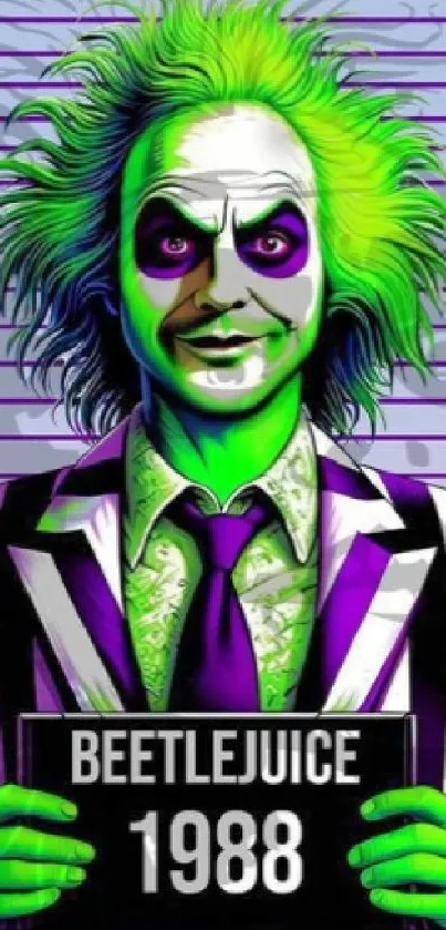 Vibrant Beetlejuice cartoon art with lime green and purple accents.