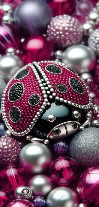 A vibrant bejeweled ladybug among colorful decorative orbs.