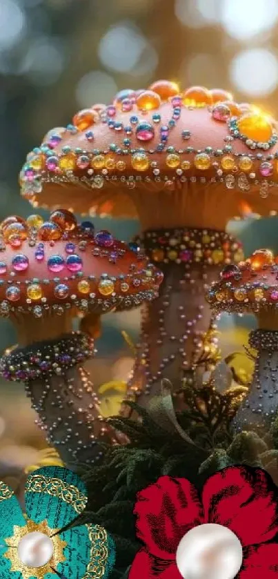 A vibrant wallpaper featuring bejeweled mushrooms with colorful gems and forest background.