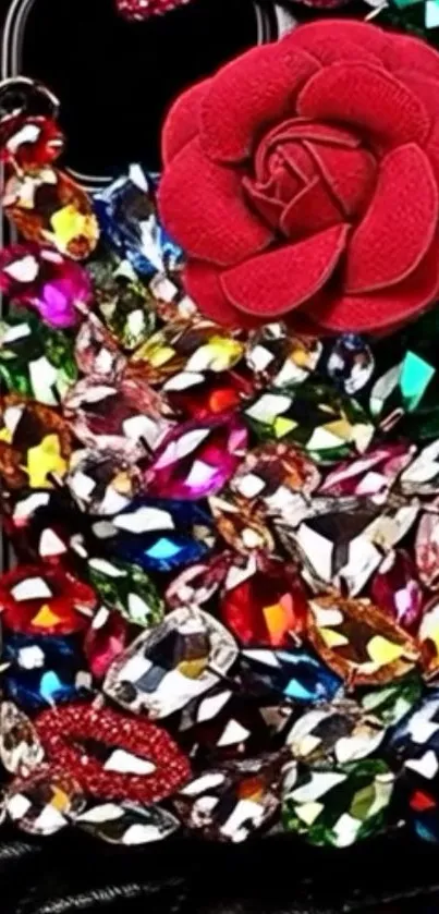 Colorful bejeweled phone case with rose