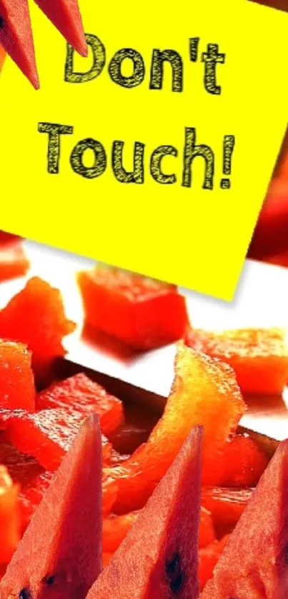 Diced red peppers with a knife and caution note on a bright background.
