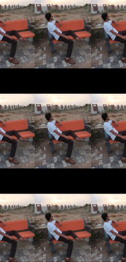 Collage of a person on benches in an outdoor setting.