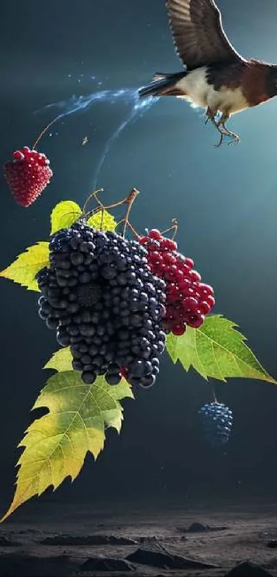 Artistic mobile wallpaper featuring vibrant berries and a bird in flight.