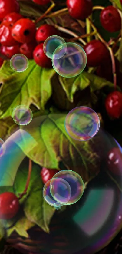 Red berries and bubbles on green leaves wallpaper.