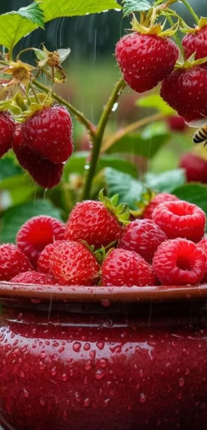 Red berries in a bowl with a bee and raindrops.