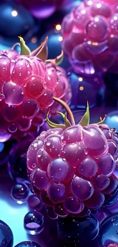 Vibrant raspberries and blueberries with water droplets on blue background.