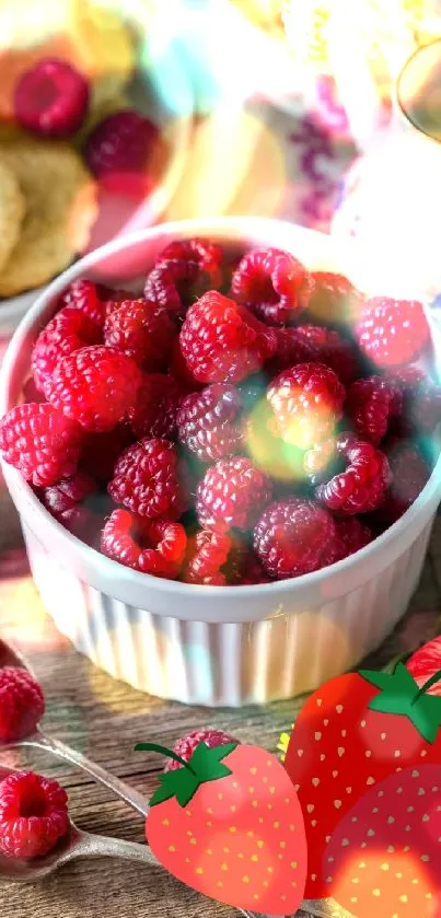 Colorful scene with raspberries, flowers, and cookies.