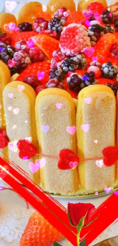 Decorative berry cake with hearts, vibrant colors.