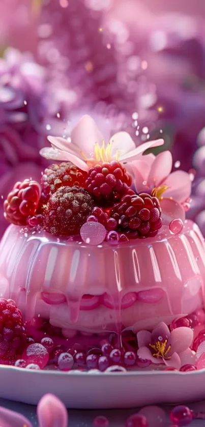 A vibrant dessert with berries and pink flowers.