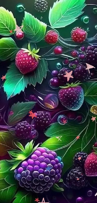 Vibrant berries and leaves in fantasy art wallpaper.