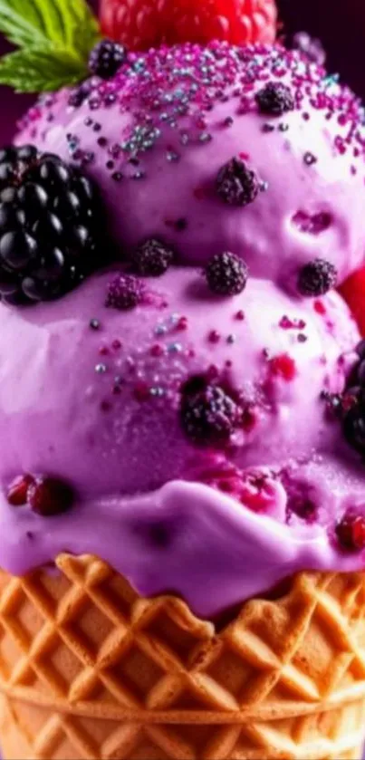 Vibrant purple berry ice cream cone with blackberries and raspberries.