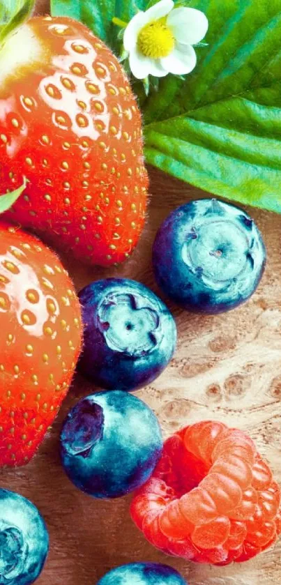 Vibrant strawberries, blueberries, and a raspberry on wooden table.