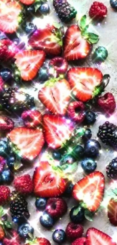 Vibrant berry mix wallpaper with strawberries and blueberries.