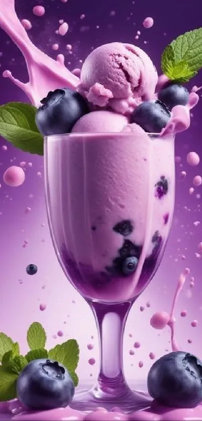 Purple berry smoothie with blueberries and mint leaves.