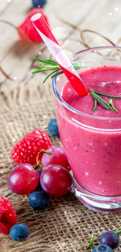 A vibrant berry smoothie with fruit garnish on rustic fabric.