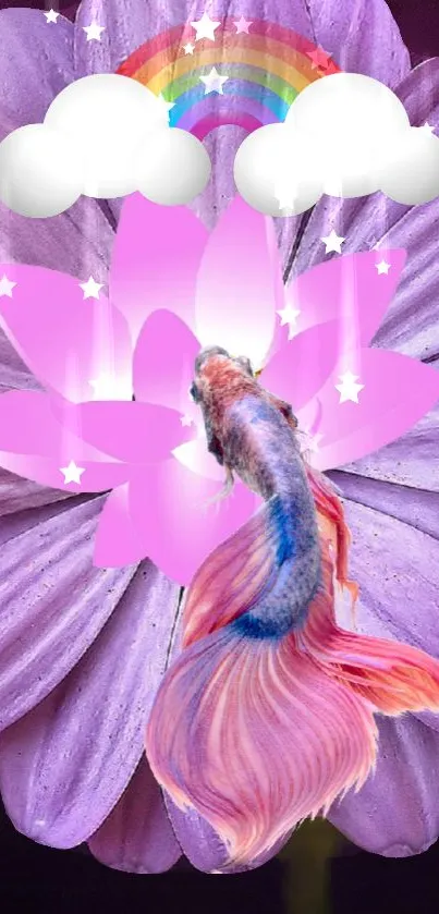 Colorful betta fish in front of pink lotus with rainbow and stars.