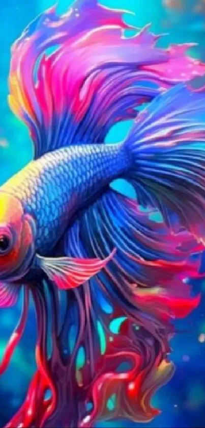 Artistic mobile wallpaper of a vibrant Betta fish in vivid hues.