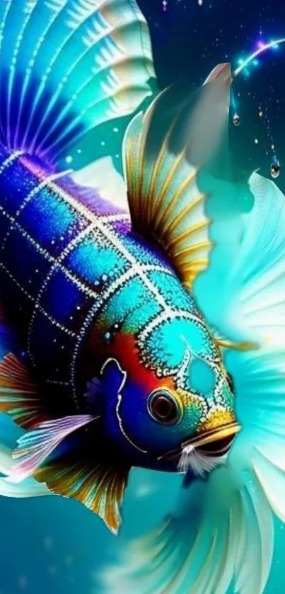 Vibrant cosmic fish with teal hues in swirling water art.