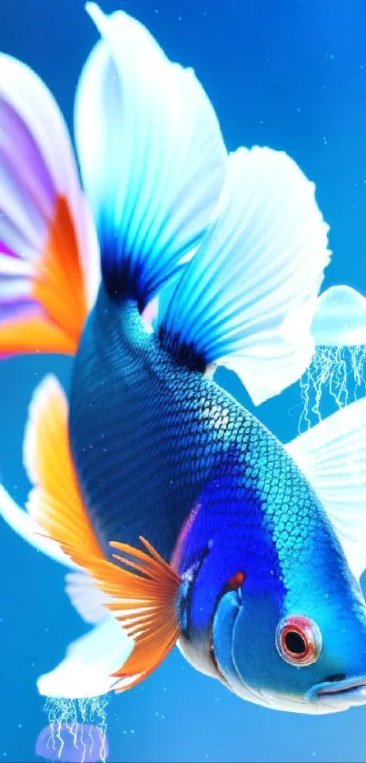 Vibrant Betta fish with colorful fins on blue background mobile wallpaper.